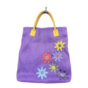 Jute and leather Purple tote bag with leather handle and flowers